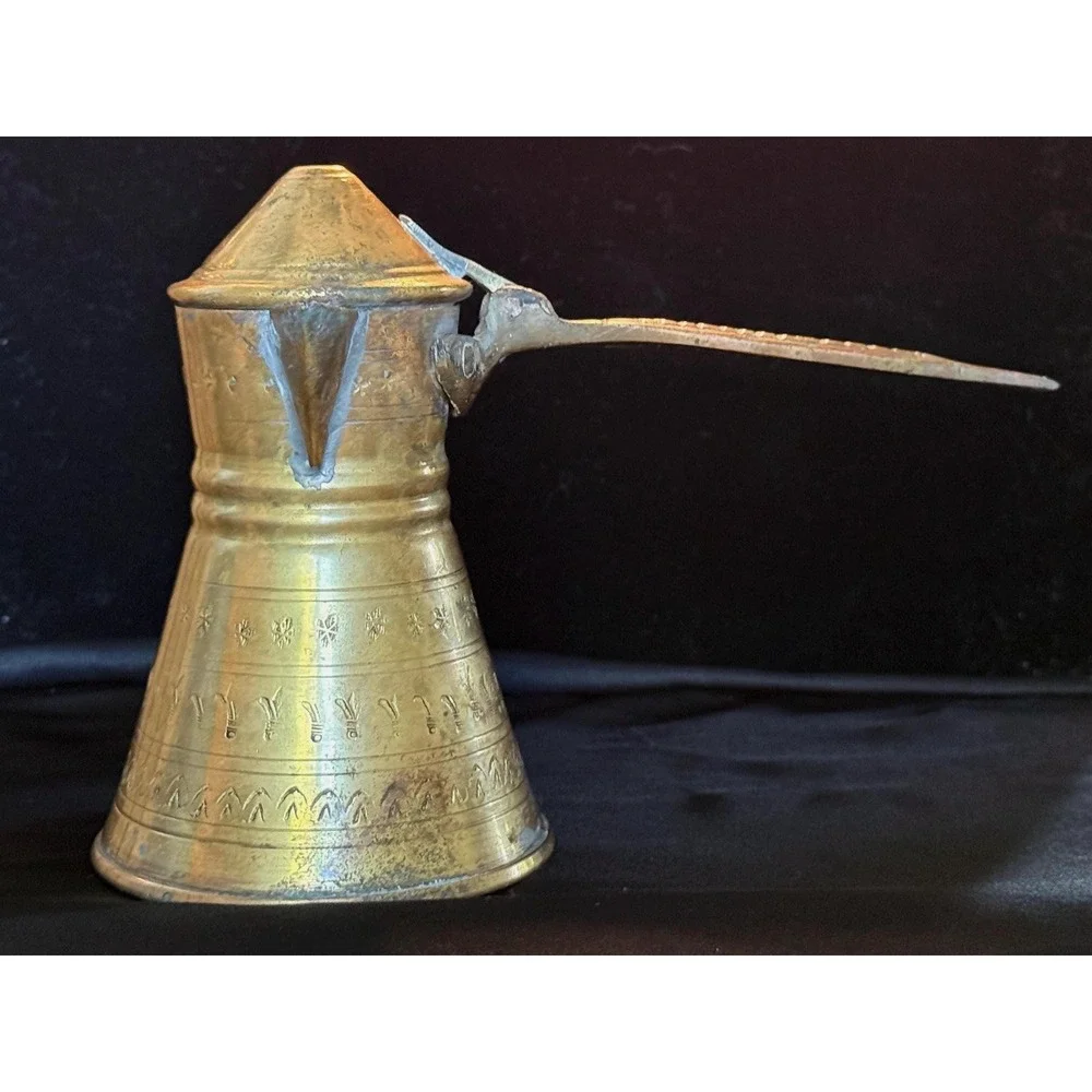 Vintage Brass Tea Set Engraved Coffee Pot & 4 Cups Moroccan Mediterranean Decor